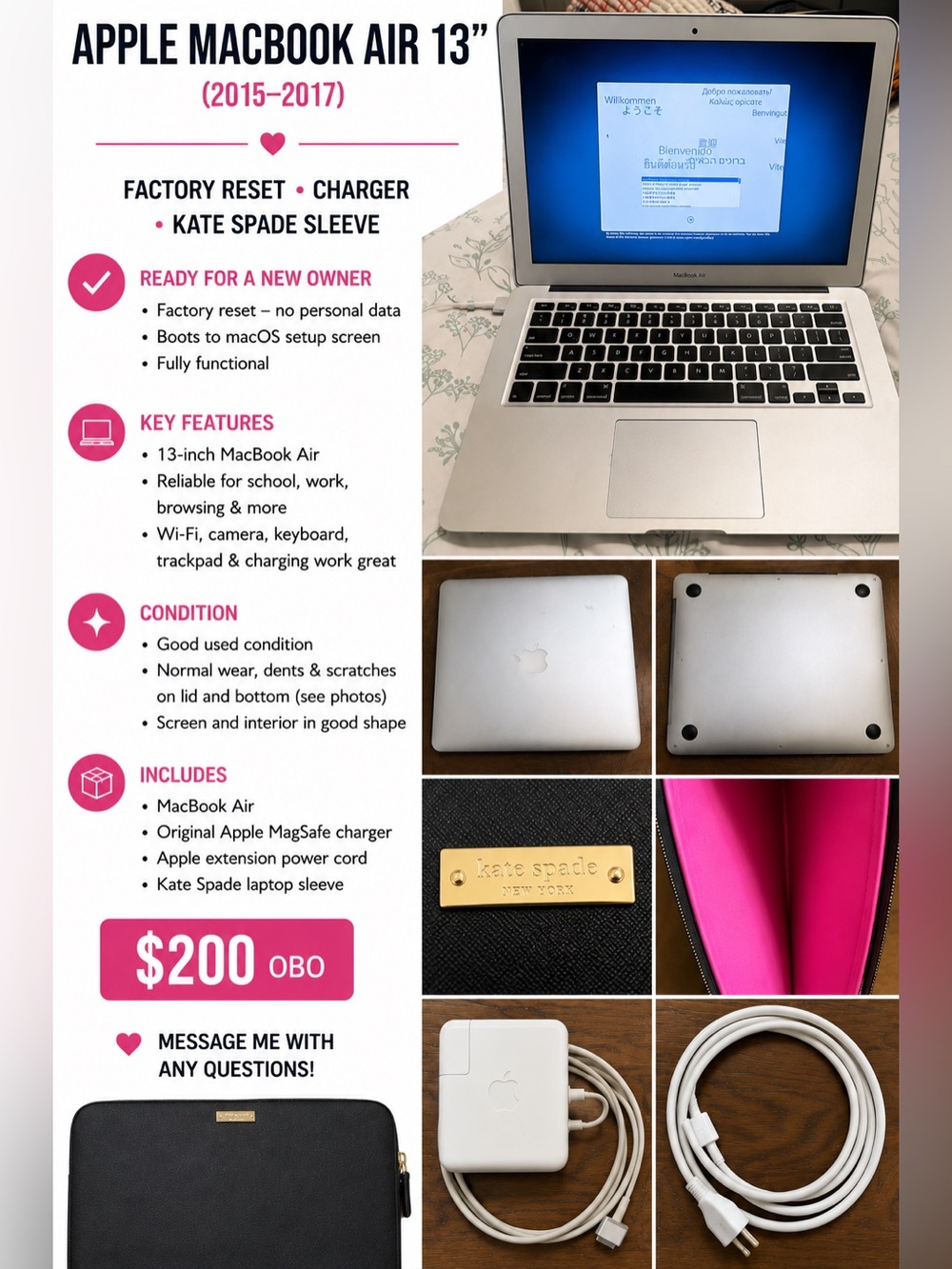 Apple MacBook Air 13” 2017 A1466 | Factory Reset | Charger + Kate Spade Sleeve